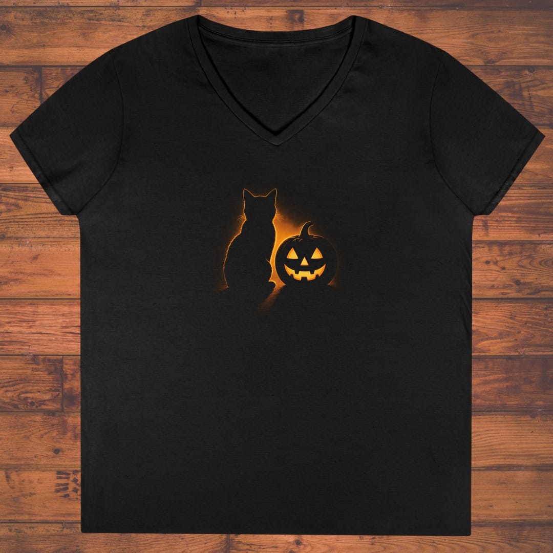 Cat and Pumpkin Ladies' V-Neck