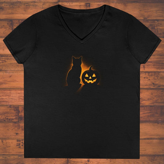 Cat and Pumpkin Ladies' V-Neck