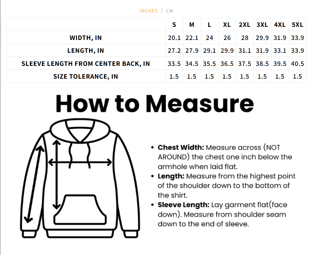 Hoodie size chart