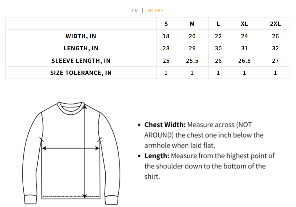 Long Sleeve size chart
